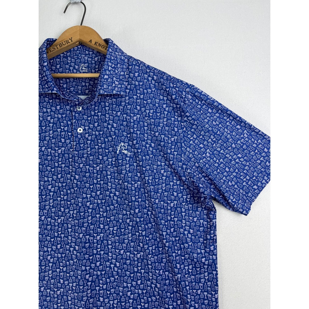 Rhoback Mens XXL Blue Cocktail Print Performance Golf Polo Shirt Short Sleeve